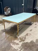 Table de mariage rectangulaire en acier inoxydable 10 places, design moderne, plateau en verre trempé doré, durable, pour extérieur, mobilier d'hôtel