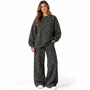 Conjunto de 2 Piezas con Estampado de Leopardo para Mujer, Sudadera de Cuello Redondo y Manga Larga, Pantalones Anchos, Chándal Informal Holgado - Product Image 1