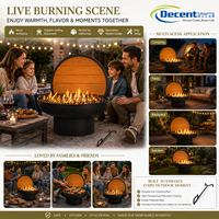 Brasero d'extérieur rond en fer noir mat avec grille cylindrique sur piédestal et panneau arrière en bois