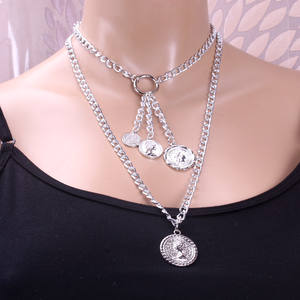 Collier Multicouche Géométrique avec Pendentif Pièce de Monnaie, Style Européen et Américain, pour Femme, Idéal Soirée, Or, Argent, Zinc - Product Image 2