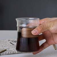 Mug à café en verre borosilicate HIGHWIN 300 ml, résistant à la chaleur, avec rayures verticales et anneau en bois