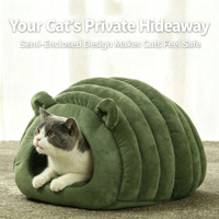 Lit-caverne semi-fermé pour chat, mignon et chaud, en peluche, avec capuche, lavable, confortable, imprimé pour salon, pour chats et petits chiens