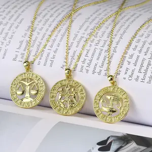 Großhandel Const ellation Fashion Coin Beliebte zierliche Mini vergoldete Casted Charm Zodiac Halskette für Frauen Mädchen