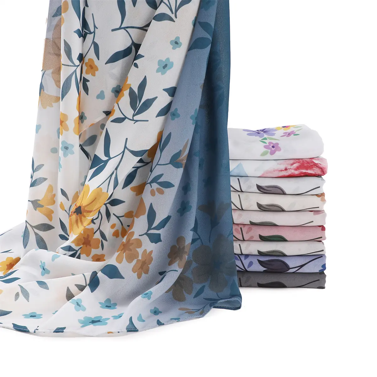 Новейший стиль, 2024 весенний модный мусульманский женский шифоновый хиджаб с цветочным принтом, Летний шифоновый шарф с цветочной раскрашенной вручную градиентной цветовой гаммой