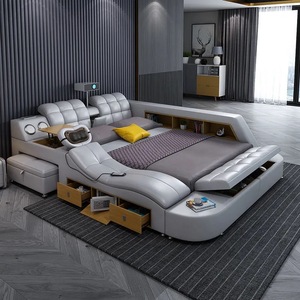 Akıllı ayarlanabilir masaj depolama Modern basit Tatami ana yatak odası ahşap deri sanat yumuşak çok fonksiyonlu düğün çift kişilik yatak - Product Image 2