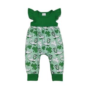 Combinaison barboteuse pour bébé fille SR3783 RTS, feuilles vertes, manches volantes, vente en gros de barboteuses pour bébé - Product Image 1