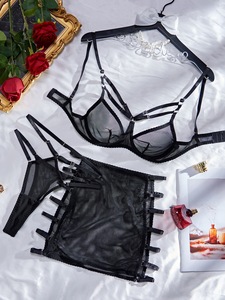 Ensemble de lingerie sexy pour femme, noir, en résille transparente, avec anneau en acier, plissé, ajouré, coupe basse, jupe courte, effet sculptant - Product Image 6