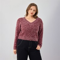 Pull court en maille chinée à col en V pour femme, coupe oversize à épaules tombantes, grande taille, pour tenue décontractée automne-hiver