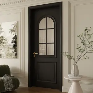 Custom Solid Wood Paint Bedroom Room Interior Door Black Curved Buckle Line Long Rainbow Glass Door