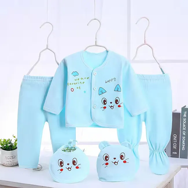 Wholesale 100% cotton spring and autumn baby clothes for boys and girls 0-3 months home romper newborn baby 5-piece set