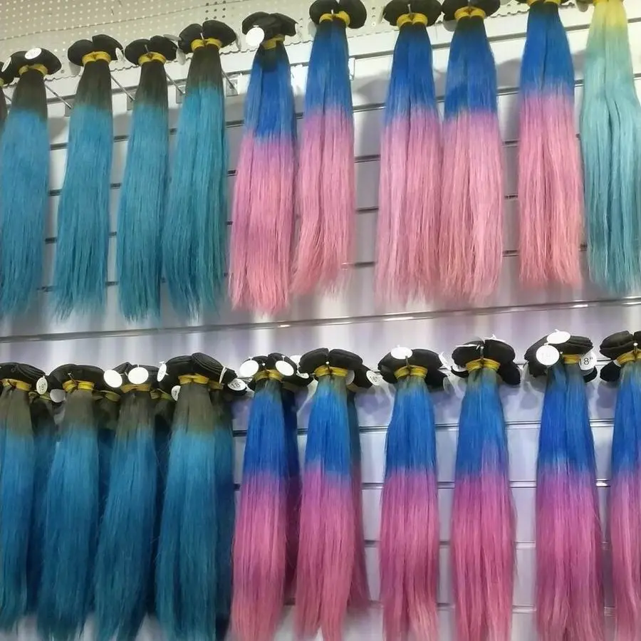 Virgin Raw Ombre hair pink blue colors natural Filipino human hairs bleached color wefts wholesale Kiss Locks