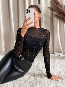 Europe et Amérique 2026 Printemps/Automne Nouveau T-shirt <span class=keywords><strong>Haut</strong></span> Femme à Col Montant Fin, Manches Longues, en Maille Transparente et Paillettes - Product Image 6