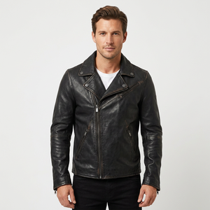 Chaqueta de cuero genuino negra para hombre, estilo motero asimétrico, de piel de vaca, con solapa, efecto desgastado, estilo Cafe Racer, personalizada, cálida para invierno - Product Image 1