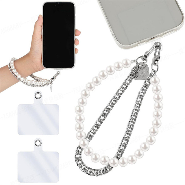 Custom Anti-Lost Mobile Phone Wrist Strap with Pearls Metal Chains Novelty Accessory Gift Lanyard
