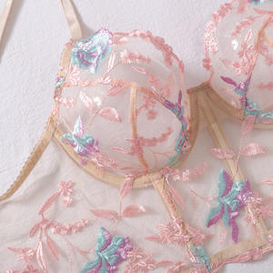 Hot Sale Bunte Blumen stickerei Sexy Rücken Durchsichtig Erotik Sexy Fitted Dessous Zweiteiliges Set Dessous für Frauen - Product Image 6