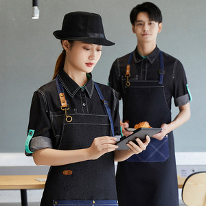 Custom Denim <b>Apron</b> With Logo Embroidery For <b>Kitchen</b> Coffee Tea Shop Workwear - Product Image 2