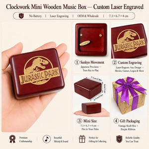 Boîte à musique en bois rouge bordeaux gravée Jurassic Park, motif dinosaure classique, film science-fiction, personnalisable, OEM, vente en gros 18 - Product Image 2