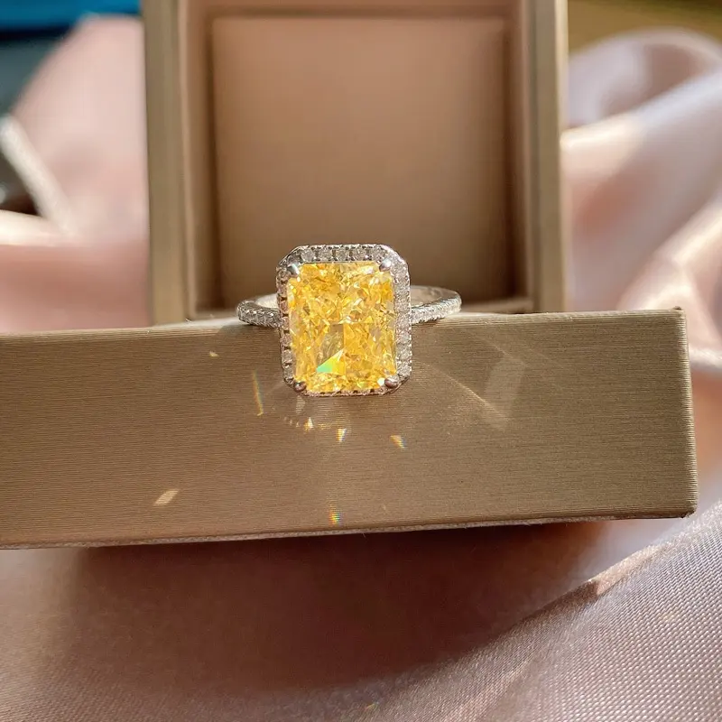 Anel de Citrino com corte de princesa CZ, anel de noivado de prata esterlina 925, 4 Ct 8*10mm, feminino clássico, diamante brilhante, 2024