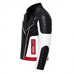 Premium Unisex PU Leather Moto <b>Jacket</b> Black White Red Color Block <b>Quilted</b> Shoulder Zipper Pockets Custom Fashion Outerwear - Product Image 4