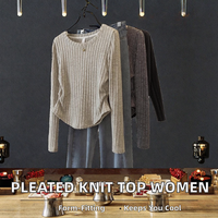 Tops à manches longues plissés imprimés vintage pour femmes, tricotés, automne et hiver, nouveau design, coupe ajustée, respirant
