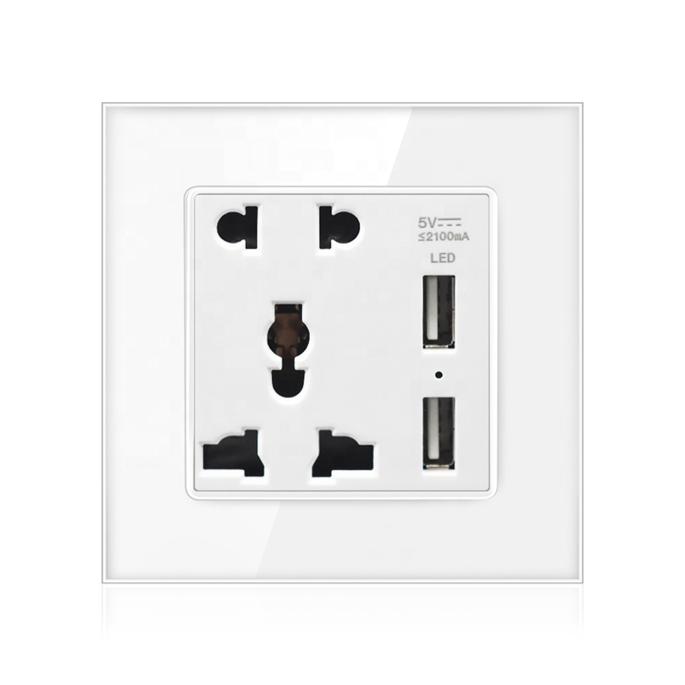 SRAN Universal socket 5 pin 13a 110V multifunction double usb outlet 5V 2.1A Crystal glass panel 86mm*86mm wall usb socket