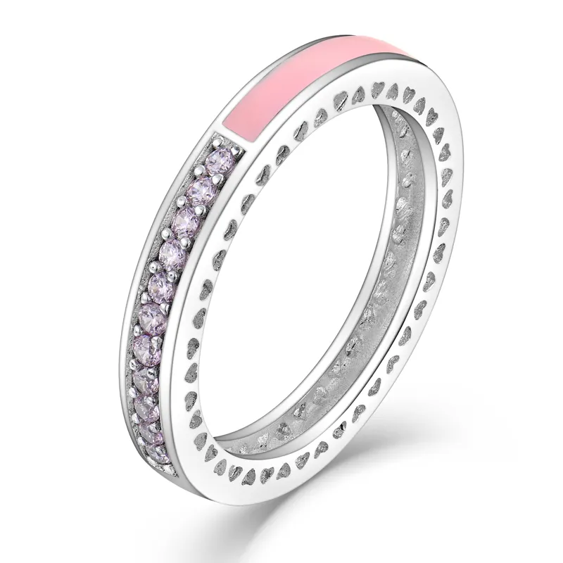 OEM rodiato Trendy High End 3A CZ gioielli in pietra regali zirconio argento Sterling 925 cuore rosa diamante smalto anelli donne