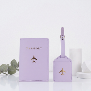 WRIZA Housse de passeport en cuir PU violet avec ensemble d'étiquettes de bagage, design avion minimaliste, accessoire de voyage - Product Image 3