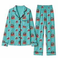 Ensemble de pyjama pour femme en polyester et élasthanne, motif de chaussette de Noël personnalisé turquoise, col rabattu, tricoté sur le devant, MOQ
