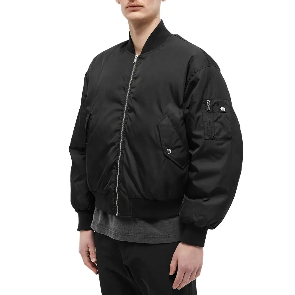 Jaket Bomber nilon empuk untuk pria, jaket Bomber nilon berbantalan warna hitam kosong ukuran ekstra besar untuk pria