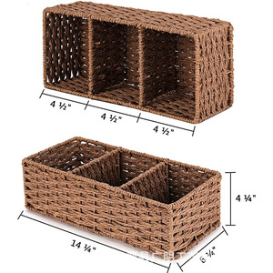 Woven <b>Storage</b> <b>Basket</b> Three Compartment <b>Rectangular</b> Handmade For Cosmetics And Kitchen Organization - Product Image 5