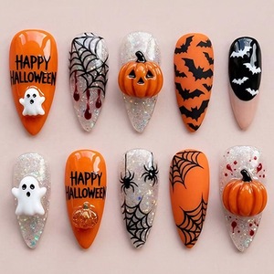 En gros Faux ongles à presser Halloween, forme Stiletto moyenne, motif effet goutte de <span class=keywords><strong>slime</strong></span> vert, 24 pièces, style monstre - Product Image 1