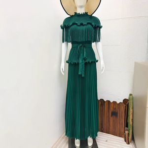 PY 2026 Summer Casual Miyake Eco-Friendly Pleated Midi Dress Fringe <b>Elastic</b> Waist Western Clothing Women Wholesale Bulk - Product Image 5