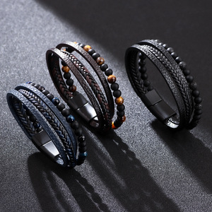 Men's Woven Tiger Eye Stone Magnetic Clasp <b>Bracelet</b> With Natural Stone And Pu <b>Leather</b> Vintage Style Jewelry Gift - Product Image 1