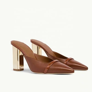 Genuine Leather Women Chunky Heels Mules Custom Logo on Summer Sandals Pointy Toe <b>Slides</b> Shoes Ladies Slippers Pumps - Product Image 6