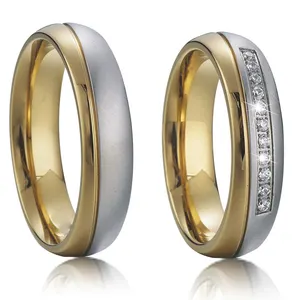Pabrik Grosir Set Cincin Baja Tahan Karat 316L Kustom Cincin Pertunangan Pernikahan Berlapis Emas 14K untuk Pasangan