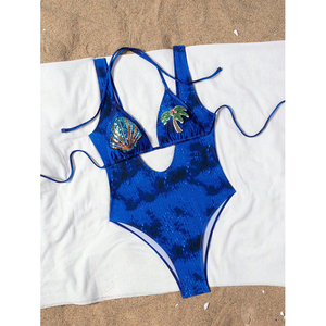 Manufacturer Wholesale <strong>Blue</strong> Hollow Bikini Sexy Shell <strong>Sequin</strong> Bathing Suit Coconut Tree Bead String <strong>Swimsuit</strong> - Product Image 4