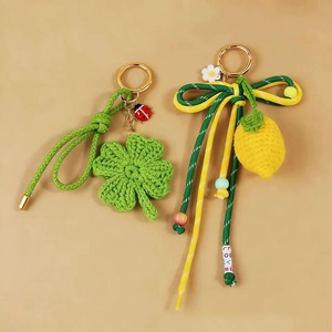 Summer New Handmade Macrame Lemon Charms Round Metal Keychain <b>Braided</b> Strap Crochet Green Leaf Keychain Girl Phone Decorations - Product Image 2