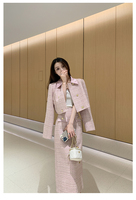 Luxe deux pièces cheville-longueur rose revers jupe ensemble haut de gamme vêtements quotidiens pour printemps automne riche fille Style bouton fermeture court XL
