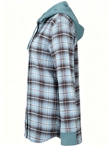 Vestes boutonnées personnalisées pour femmes avec logo, design à double couche, flanelle à l'intérieur, tissu éponge français à l'extérieur, sweat à capuche vintage à carreaux - Product Image 5