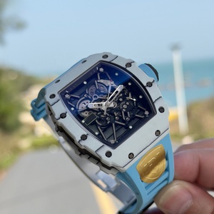 Montre squelette RM pour homme, boîtier en fibre de carbone blanche, bracelet en caoutchouc bleu, verre saphir, montre-bracelet mécanique de luxe sport - Product Image 3