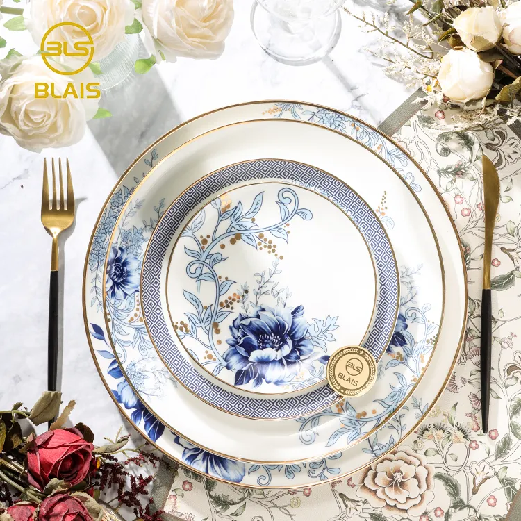 Керамическая Золотая оправа, синие и белые цветочные тарелки, изысканная китайская посуда, винтажная богато украшенная посуда для столовых приборов