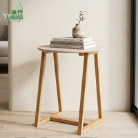Table d'appoint écologique en bambou, plateau rond beige clair, pour chambre à coucher, table de chevet avec pieds en A stables, OEM ODM