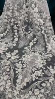 Tela de Encaje Blanco Porcelana para Vestidos de Novia, Bordada con Cuentas y Lentejuelas, con Perlas