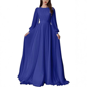 Robe de mariée élégante coupe trapèze, col rond, manches longues, couleur unie, robe de soirée pour femme, tissu polyester bleu - Product Image 1