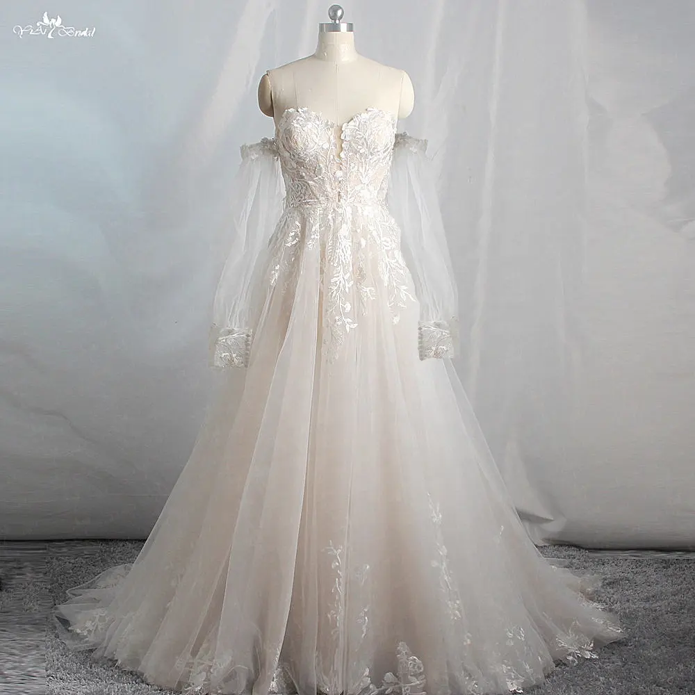 RSW1721 Custom Made Blush Colored Ivory Lace Maxi Summer Off Shoulder Floral Dress Sweetheart Neckline Boho Wedding Dress