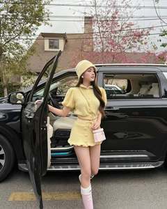 Ensemble deux pièces en tricot jaune pastel pour femmes, col Peter Pan, robe courte à volants, style doux, tenue printemps-été - Product Image 4