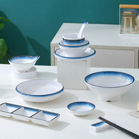 Ensemble de vaisselle jetable en mélamine A5, design moderne et créatif, bleu marine et blanc, résistant aux chocs, comprenant bol à nouilles, tasse et cuillère, vente en gros
