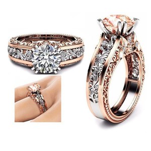 Bague en diamant en or rose 14 carats bicolore, taille brillant ronde, couleur champagne, bijoux de fiançailles - Product Image 2