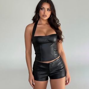 Top Corto Sexy de Piel Sintética con Cuello Halter para Mujer, Estilo Bodycon para Club, Cintura Natural - Product Image 1