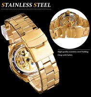 Montre mécanique automatique dorée avec cadran squelette transparent et bracelet en acier inoxydable